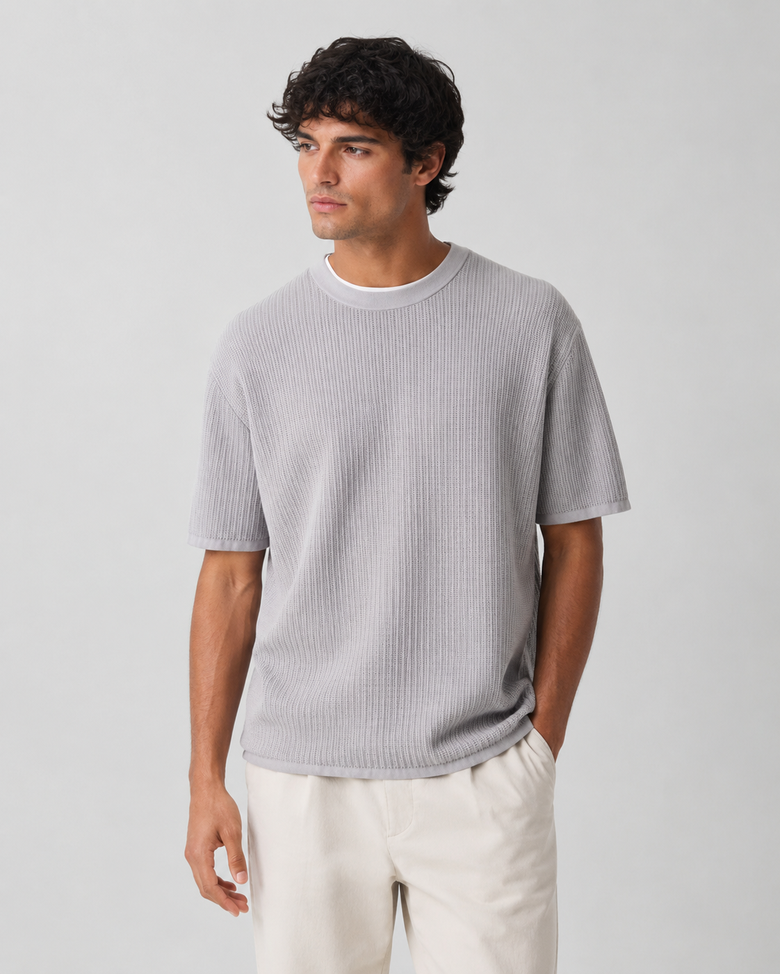 Rib Knit Cotton T-Shirt